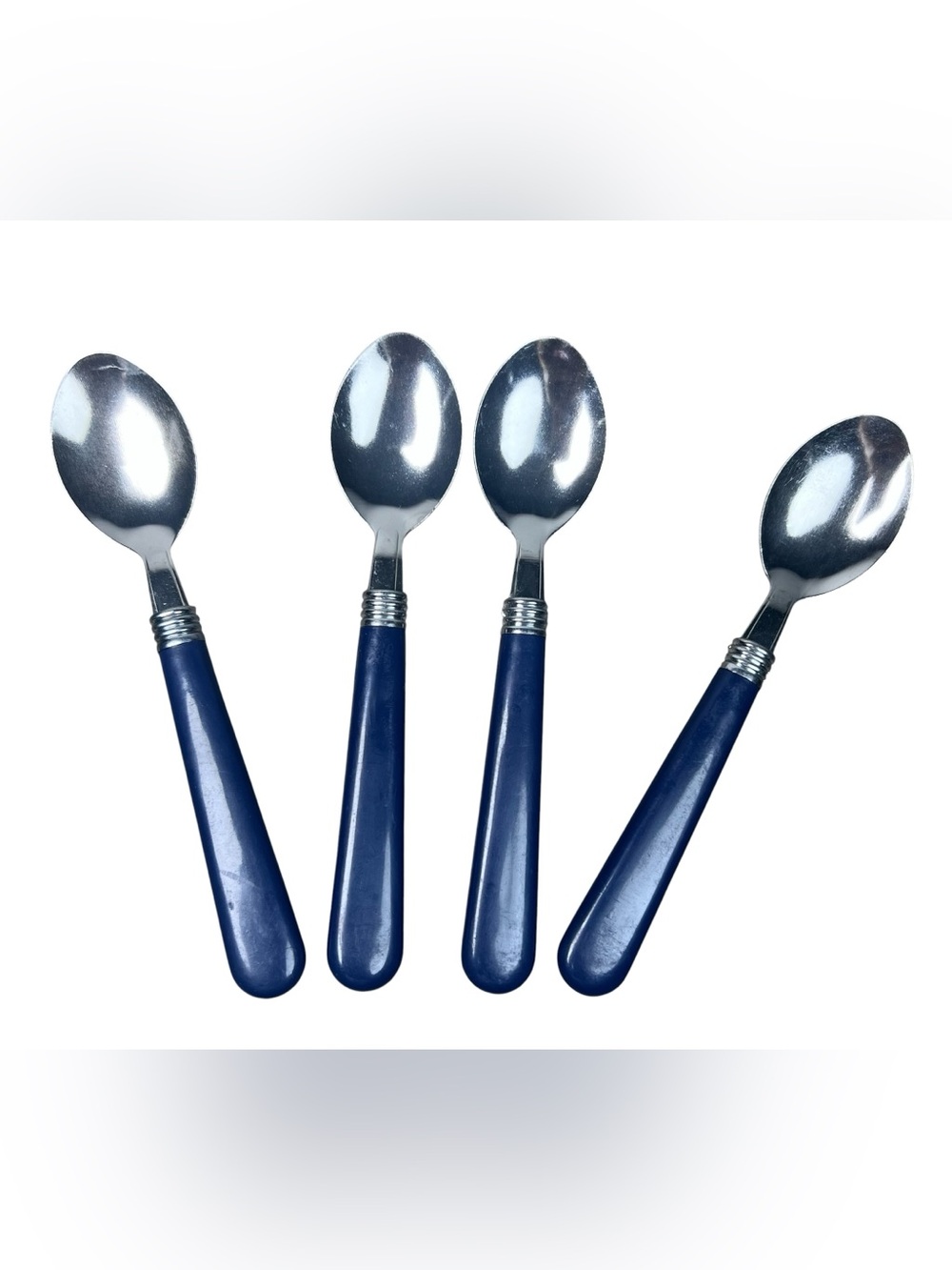 Gibson VTG Blue Plastic Handle Teaspoons Stainless Steel Flatware set of 4 Retro